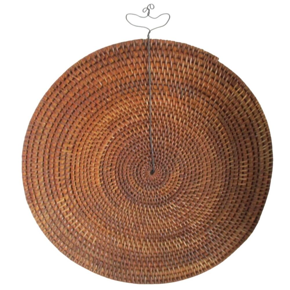 Woven Flat Round Brown Wicker Rattan Wall Hanging 15.5"